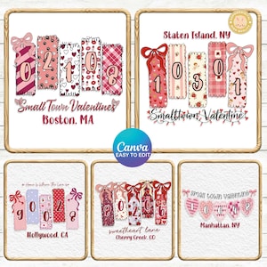 Op de afbeelding: Digitale ontwerpen voor Valentijnsdag, met cijfers en decoratieve elementen zoals strikken en harten. Elk ontwerp bevat een stadsnaam en de zin "Small Town Valentines."