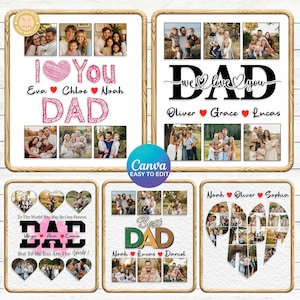 K&ouml;nnte beinhalten: Eine Sammlung von gerahmten Fotocollagen mit dem Wort "DAD" in verschiedenen Designs. Die Collagen enthalten Familienfotos, Herzen und Texte wie "I Love You Dad" und "Best Dad". Die Rahmen haben einen Holzrahmen.