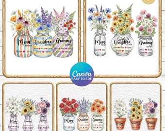 Más de 6 plantillas de Canva para frascos de flores personalizados, nombre de niño personalizado (PNG), bisabuela editable, regalo familiar (PNG), plantilla floral para mamá, mamá abuela (PNG)