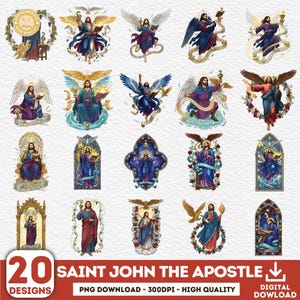 May include: A collection of 20 digital designs featuring Saint John the Apostle. Each design showcases a detailed illustration of Saint John, with vibrant colors and intricate details. The designs are available as a PNG download, 300 DPI, high quality.