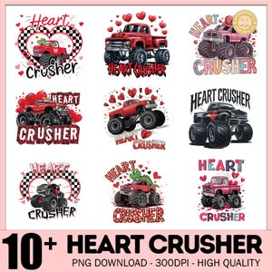 Könnte beinhalten: Eine Sammlung digitaler Illustrationen mit Monstertrucks und dem Text "Heart Crusher". Die Trucks sind in verschiedenen Farben, darunter Rot, Rosa und Schwarz, und mit Herzen verziert. Der Satz "10+ Heart Crusher" steht unten.