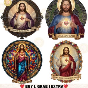 May include: Digital illustrations of Jesus Christ with a halo, depicted in various styles. Each image features a heart symbol, with text including "Sacred Heart" and religious phrases. The images are framed with decorative borders.
