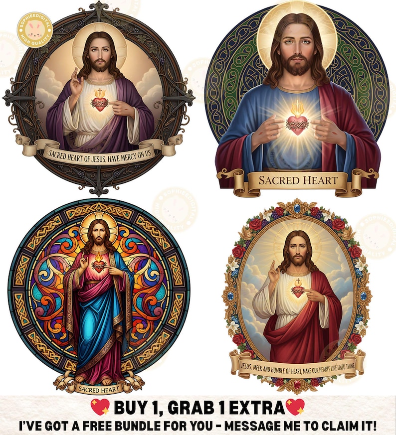 May include: Digital illustrations of Jesus Christ with a halo, depicted in various styles. Each image features a heart symbol, with text including "Sacred Heart" and religious phrases. The images are framed with decorative borders.
