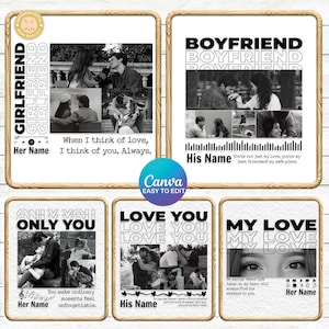 以下が含まれることがあります： カップルの白黒写真が写った、額縁に入った5枚のプリントのコレクションです。各プリントには、「GIRLFRIEND」、「BOYFRIEND」、「ONLY YOU」、「LOVE YOU」、「MY LOVE」などのテキストが含まれています。プリントは木製のフレームに入っています。