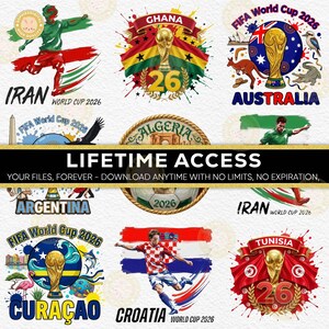 May include: A collection of digital designs featuring the FIFA World Cup 2026. Designs include country flags, soccer players, and the World Cup trophy. Text includes "LIFETIME ACCESS" and country names like "Ghana" and "Australia".