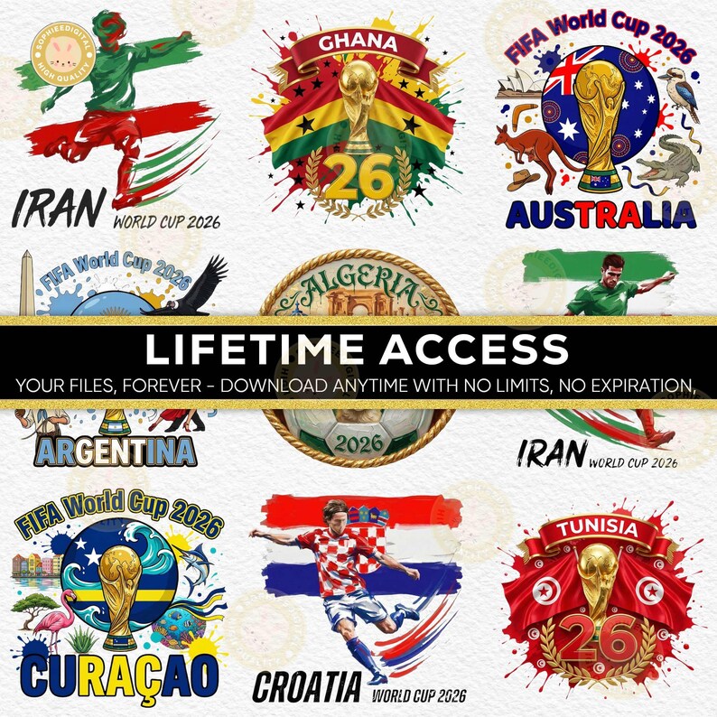 May include: A collection of digital designs featuring the FIFA World Cup 2026. Designs include country flags, soccer players, and the World Cup trophy. Text includes "LIFETIME ACCESS" and country names like "Ghana" and "Australia".