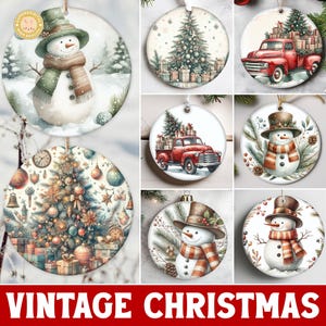 Mais de 20 modelos de enfeites redondos de Natal, designs vintage de Natal para sublimação, pacote de decoração natalina em PNG, para uso comercial.