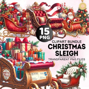 15+ Christmas Bundle Png, Watercolor Christmas Sleigh Clipart, Red Sleigh Png, Santa Sleigh Clipart Bundle, Commercial Use