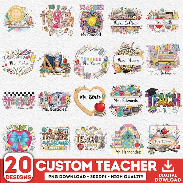 20+ Custom Teacher Png Bundle, Teacher Appreciation Png, Custom Name Png, Back To School Png, Coquette Png Bundle, Boho Teacher Png