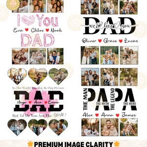 K&ouml;nnte beinhalten: Digitales Design mit Familienfotos in Herz- und rechteckigen Layouts. Der Text enth&auml;lt "I Love You Dad", "We Love You Dad" und "Papa The Man The Myth The Legend The Hero". Das Design enth&auml;lt auch den Text "Premium Image Clarity".