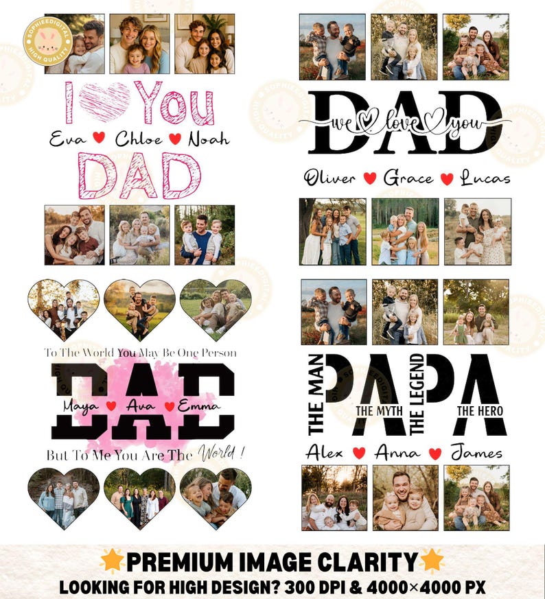 K&ouml;nnte beinhalten: Digitales Design mit Familienfotos in Herz- und rechteckigen Layouts. Der Text enth&auml;lt "I Love You Dad", "We Love You Dad" und "Papa The Man The Myth The Legend The Hero". Das Design enth&auml;lt auch den Text "Premium Image Clarity".