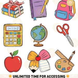 Peut inclure: Illustrations d'articles scolaires color&eacute;s, dont des livres, un cahier violet avec un stylo, un sac &agrave; dos rose, une calculatrice, un globe, des ciseaux, une pomme, un n&oelig;ud en crayon et une palette. Texte: UNLIMITED TIME FOR ACCESSING.