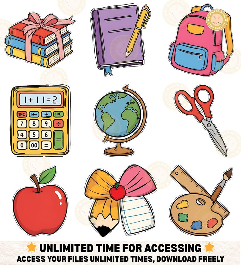 Peut inclure: Illustrations d'articles scolaires color&eacute;s, dont des livres, un cahier violet avec un stylo, un sac &agrave; dos rose, une calculatrice, un globe, des ciseaux, une pomme, un n&oelig;ud en crayon et une palette. Texte: UNLIMITED TIME FOR ACCESSING.