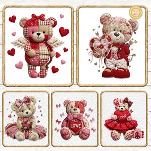 Könnte beinhalten: Eine Sammlung von fünf Illustrationen von Teddybären zum Valentinstag. Jeder Bär ist einzigartig gestaltet mit Herzen, Schleifen und Patchwork-Mustern in Rot, Rosa und Beige. Einige Bären halten Herzen oder Pfeile, andere haben die Worte "Love" und "Kisses".