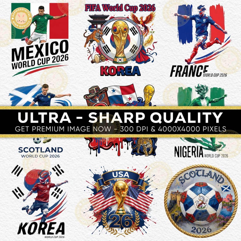 May include: A collection of digital designs for the FIFA World Cup 2026, featuring soccer balls, flags, and players representing Mexico, Korea, France, Scotland, Nigeria, and the USA. The designs include the text "ULTRA - SHARP QUALITY".