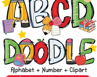 Paquete de 4+ garabatos escolares (PNG), letras escolares (PNG), alfabeto para profesores (PNG), fuentes dibujadas a mano (PNG), paquete de estudiantes preppy (PNG), vida docente (PNG)