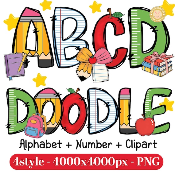 4+ School Doodle Png Bundle, School Letters Png, Teacher Alphabet Png, Hand Drawn Font Png, Preppy Student Png Bundle, Teacher Life Png