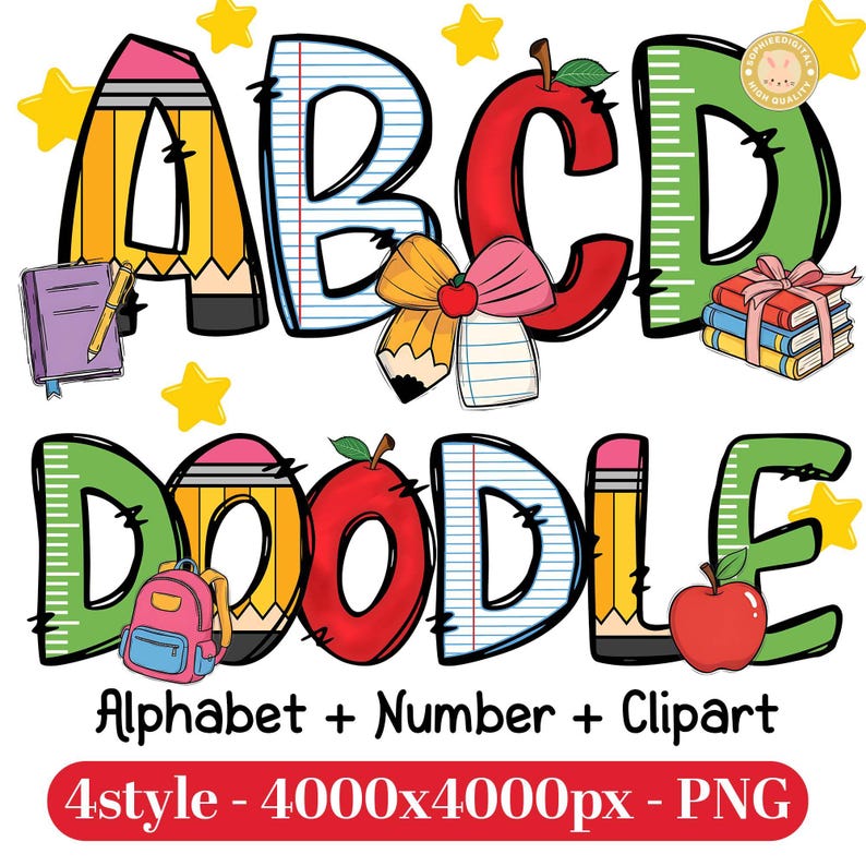 Peut inclure: Graphique num&eacute;rique color&eacute; avec le mot "DOODLE" et les lettres "ABCD" sur le th&egrave;me de l'&eacute;cole. Le design comprend des crayons, des pommes, des livres, un sac &agrave; dos et des &eacute;toiles. Le texte en bas indique "Alphabet + Number + Clipart".
