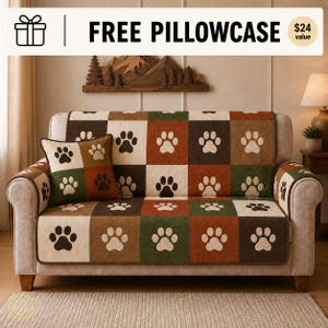 Funda acolchada para sofá con estampado de huellas de patas, funda acolchada para muebles con parches de mascotas, protector de sofá rojo, verde y crema, funda para sofá para perros y gatos, funda rústica para sofá