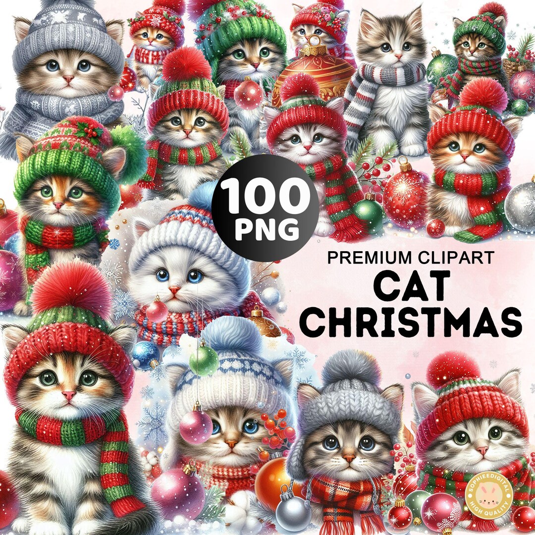 100+ Christmas Animal Bundle Png, Watercolor Cat Christmas Clipart ...