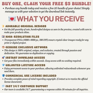 May include: A promotional graphic with text in a retro font, offering a free $5 bundle with purchase. The text highlights adorable designs, high-resolution files, exclusive artwork, instant download, unlimited access, commercial use license, and 24/7 customer support.