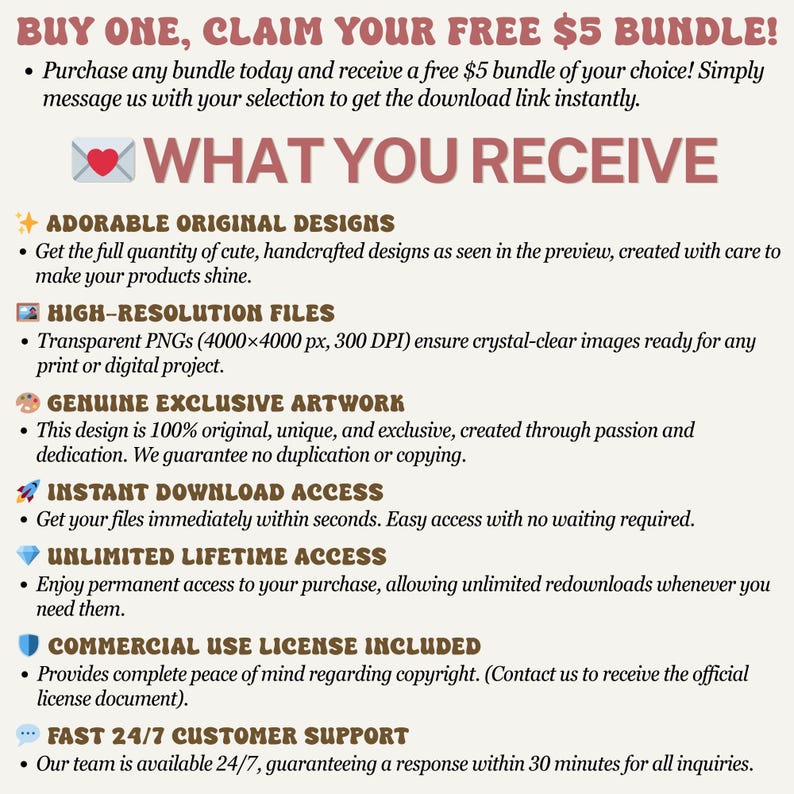May include: A promotional graphic with text in a retro font, offering a free $5 bundle with purchase. The text highlights adorable designs, high-resolution files, exclusive artwork, instant download, unlimited access, commercial use license, and 24/7 customer support.