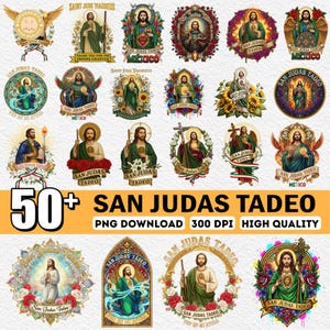 May include: A collection of over 50 digital PNG images featuring Saint Jude Thaddeus, with various designs and floral accents. The images include text such as "San Judas Tadeo" and "Mexico". High-quality, 300 DPI images.