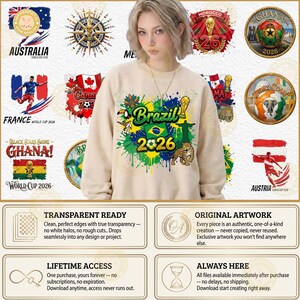 May include: A beige sweatshirt with a colorful graphic design featuring the text "Brazil 2026" and a jaguar. The image also includes various country flags and emblems, including Australia, France, Ghana, and Austria, with text indicating "World Cup 2026".