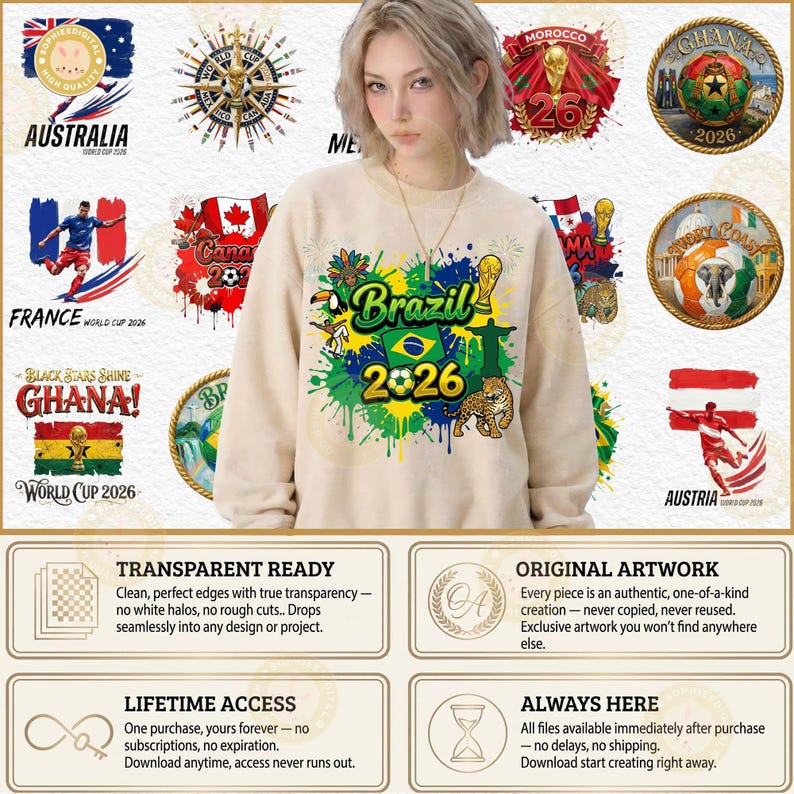 May include: A beige sweatshirt with a colorful graphic design featuring the text "Brazil 2026" and a jaguar. The image also includes various country flags and emblems, including Australia, France, Ghana, and Austria, with text indicating "World Cup 2026".