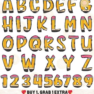 Peut inclure: Un ensemble complet d'alphabet et de chiffres, chaque lettre et chiffre &eacute;tant con&ccedil;u pour ressembler &agrave; un crayon. Les lettres et les chiffres sont jaunes avec des contours noirs et des gommes roses. L'image comprend le texte "ACHETEZ 1, OBTENEZ 1 GRATUIT" et "J'AI UN LOT GRATUIT POUR VOUS - CONTACTEZ-MOI POUR LE R&Eacute;CLAMER!"