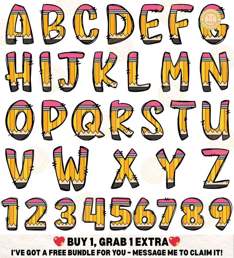 Peut inclure: Un ensemble complet d'alphabet et de chiffres, chaque lettre et chiffre &eacute;tant con&ccedil;u pour ressembler &agrave; un crayon. Les lettres et les chiffres sont jaunes avec des contours noirs et des gommes roses. L'image comprend le texte "ACHETEZ 1, OBTENEZ 1 GRATUIT" et "J'AI UN LOT GRATUIT POUR VOUS - CONTACTEZ-MOI POUR LE R&Eacute;CLAMER!"