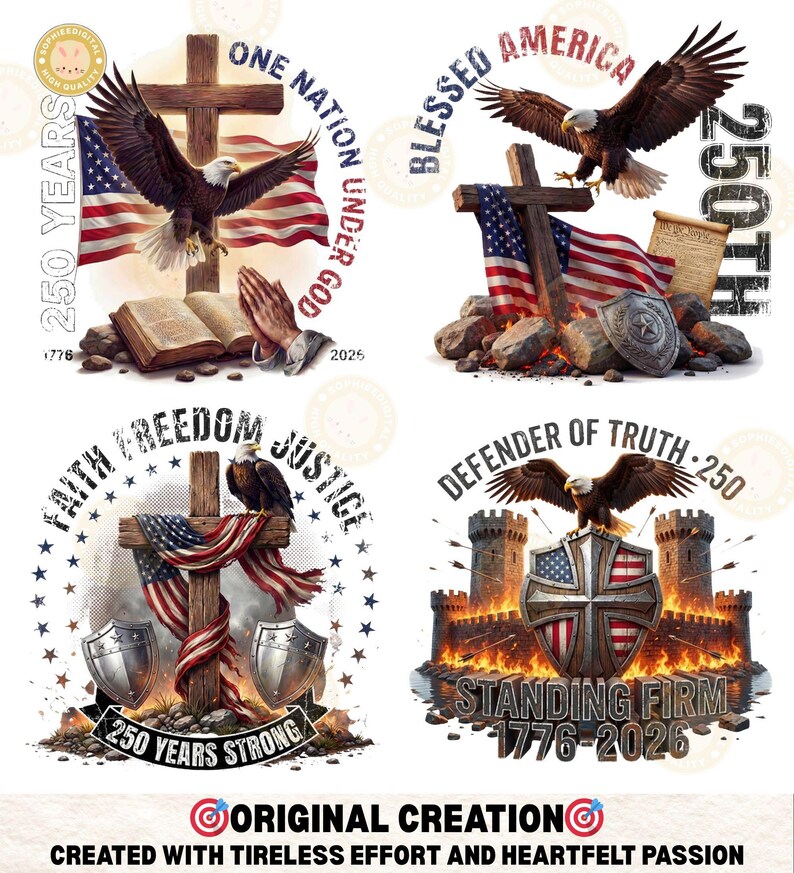May include: Four patriotic designs featuring eagles, American flags, crosses, and shields. The designs include text such as "One Nation Under God," "Blessed America," "Faith Freedom Justice," and "Defender of Truth." The designs commemorate 250 years.