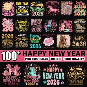 Op de afbeelding: Een verzameling kleurrijke grafische ontwerpen met de tekst "Happy New Year 2026". De ontwerpen bevatten verschillende elementen, waaronder paarden, eenhoorns en feestelijke decoraties. De afbeelding bevat ook de tekst "100+ Happy New Year" en "PNG Download 300 DPI High Quality".
