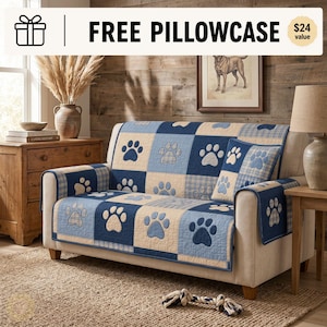 Navy Blue Paw Quilted Sofa Cover, Plaid Patchwork Furniture Cover, Dog Lover Couch Protector, Farmhouse Pet Slipcover, CoastalSofa Cover