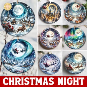 Ponad 20 wzorów ozdób świątecznych w stylu vintage, akwarelowe wzory sublimacji z motywem bożonarodzeniowej nocy, okrągły pakiet PNG, zastosowanie komercyjne