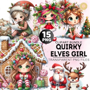 15+ Christmas Bundle Png, Watercolor Quirky Elves Girl Clipart, Whimsical Christmas Png, Comical Elf Clipart Bundle, Commercial Use