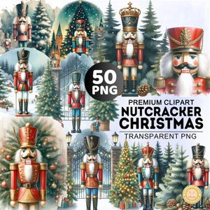 May include: A collection of watercolor-style Christmas nutcracker clipart. The image features various nutcracker designs in red, blue, and gold uniforms, set against a backdrop of Christmas trees and winter scenes. Text reads "Premium Clipart Nutcracker Christmas Transparent PNG".