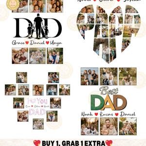 K&ouml;nnte beinhalten: Eine digitale Collage mit Familienfotos, angeordnet in Herzform und dem Wort "DAD". Die Collage enth&auml;lt Familiennamen und den Text "Best DAD". Der Hintergrund ist wei&szlig;.