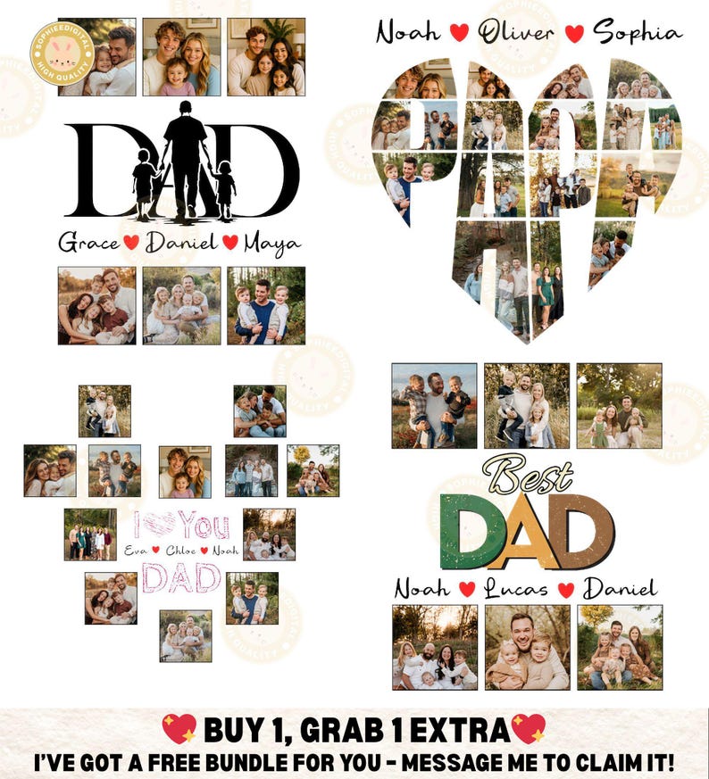 K&ouml;nnte beinhalten: Eine digitale Collage mit Familienfotos, angeordnet in Herzform und dem Wort "DAD". Die Collage enth&auml;lt Familiennamen und den Text "Best DAD". Der Hintergrund ist wei&szlig;.