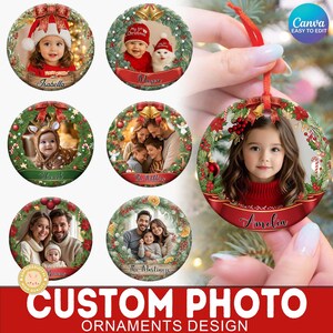 May include: Custom photo Christmas ornaments with family photos. Each round ornament features a photo surrounded by a festive wreath with red ribbon and text. The ornaments are personalized with names like Isabella, Merry, Amelia, and The Martinez.