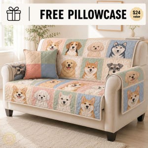Dog Breed Patch Quilted Sofa Cover, Cute Dog Furniture Cover, Pastel Pink Blue Couch Protector, Dog Lover Slipcover, PuppySofa Cover