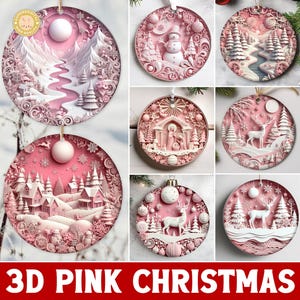 Mais de 20 designs festivos de enfeites de Natal, designs de sublimação 3D rosa de Natal, pacote PNG de inverno rosa, uso comercial.