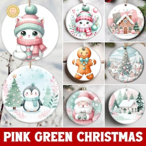 Mais de 20 modelos de enfeites de Natal em tons pastel, designs de sublimação natalinos em rosa e menta, pacote de Natal rosa e verde em PNG, para uso comercial.