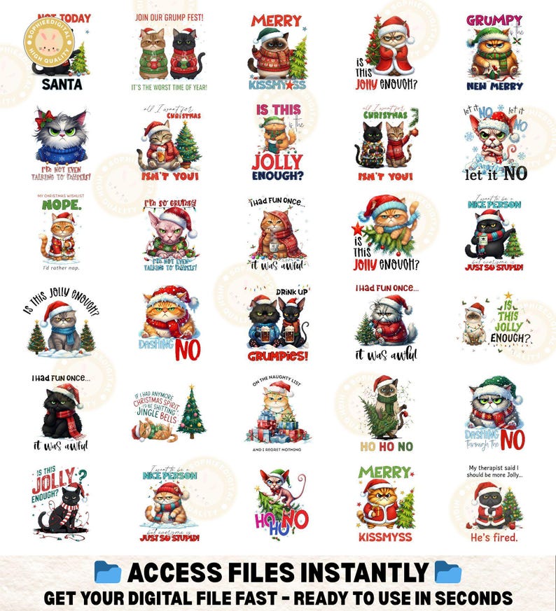May include: A collection of digital files featuring various cat illustrations in Santa hats and Christmas attire. Each design includes humorous text, such as "Is this jolly enough?" and "Grumpies!" The overall theme is a funny, festive holiday design.