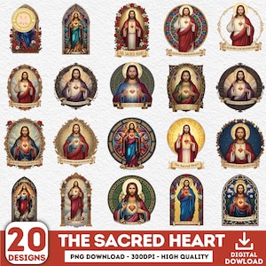 Peut inclure: Une collection de 20 motifs numériques représentant le Sacré-Cœur. Les illustrations montrent Jésus avec un cœur rayonnant, souvent dans des cadres ornés, des éléments floraux et des bannières. La palette de couleurs comprend des rouges, des bleus et des ors.