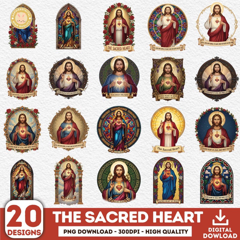 May include: A collection of 20 digital designs featuring illustrations of the Sacred Heart. The images showcase Jesus with a glowing heart, often surrounded by ornate frames, floral elements, and banners. The color palette includes reds, blues, and golds.
