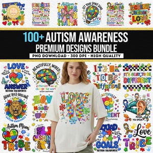 Puede incluir: Una colección de diseños coloridos de concienciación sobre el autismo, que incluyen piezas de rompecabezas, corazones y citas inspiradoras. La imagen presenta a una mujer que lleva una camiseta con un diseño de lazo de piezas de rompecabezas y la palabra "LOVE". También se ve el texto "100+ AUTISM AWARENESS PREMIUM DESIGNS BUNDLE".