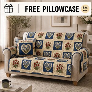 Floral Heart Quilted Sofa Cover, Patchwork Flower Furniture Cover, Farmhouse Couch Protector, Flower Slipcover, Floral PlaidSofa Cover