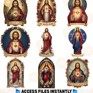 May include: A collection of digital art prints featuring Jesus Christ, each with a halo and a sacred heart. The images are framed with floral and decorative elements, and some include the text "Sacred Heart of Jesus, Have Mercy on Us" and "The Sacred Heart".