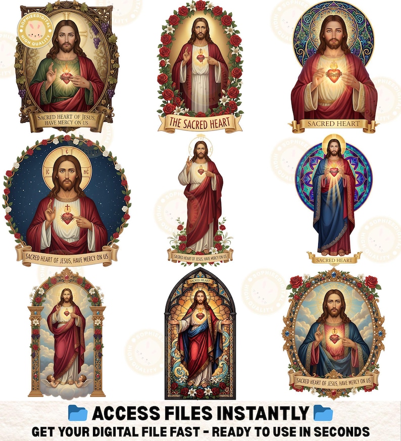 May include: A collection of digital art prints featuring Jesus Christ, each with a halo and a sacred heart. The images are framed with floral and decorative elements, and some include the text "Sacred Heart of Jesus, Have Mercy on Us" and "The Sacred Heart".